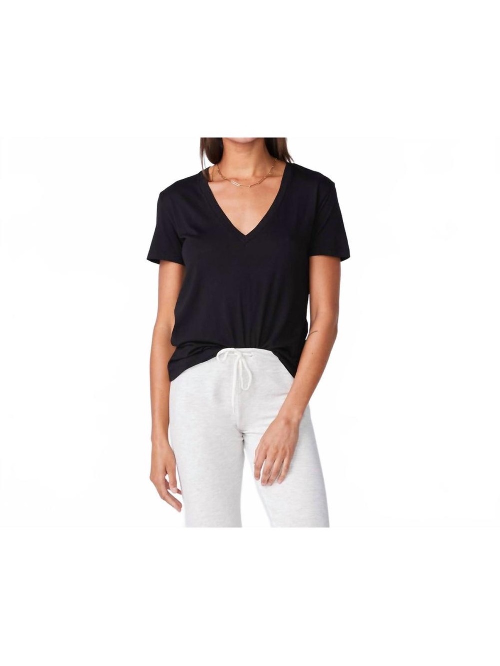Monrow Relaxed Classic V-Neck Short Sleeve Top - Black
